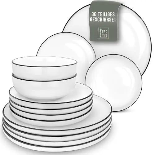 Produktbild: Geschirrset 12 Personen Scandi Style - Premium Porzellan weiß 36 Teile - Geschirr Set für Spülmaschine und Mikrowelle - Tafelservice, Schüssel- und Teller Set - Stilvolles Essgeschirr, Geschirr