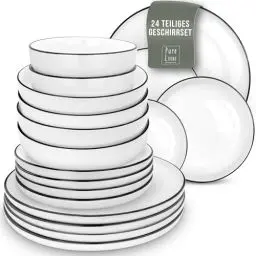 Produktbild: Geschirrset 6 Personen Scandi Style - Premium Porzellan weiß 24 Teile - Geschirr Set für Spülmaschine und Mikrowelle - Tafelservice, Schüssel- und Teller Set - Stilvolles Essgeschirr, Geschirr