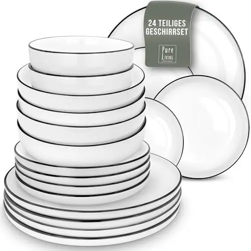 Produktbild: Geschirrset 6 Personen Scandi Style - Premium Porzellan weiß 24 Teile - Geschirr Set für Spülmaschine und Mikrowelle - Tafelservice, Schüssel- und Teller Set - Stilvolles Essgeschirr, Geschirr