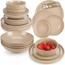 Produktbild: Geschirrset 6 Personen, vancasso PLAYA 24tlg Tafelservice 6 Personen Modern, Steingut Geschirrset, Beinhaltet Schüssel, Dessertteller und Speiseteller, Spülmaschinenfest, Braun
