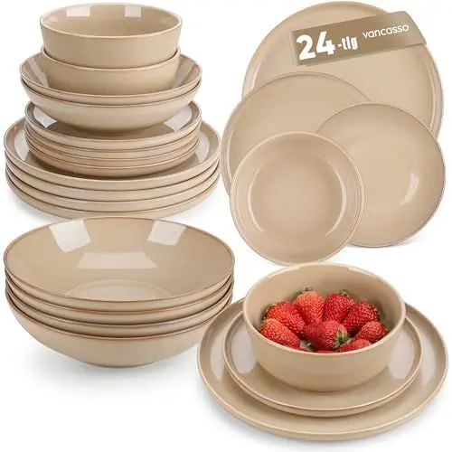 Produktbild: Geschirrset 6 Personen, vancasso PLAYA 24tlg Tafelservice 6 Personen Modern, Steingut Geschirrset, Beinhaltet Schüssel, Dessertteller und Speiseteller, Spülmaschinenfest, Braun