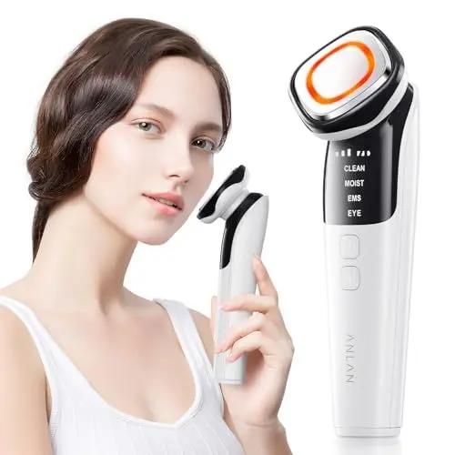 Produktbild: Gesichtsmassagegerät Gegen Falten, ANLAN Blau und Rotlichtlampe Gesicht EMS Gua Sha Elektrisch 42℃±3℃ Wärme Eye Massagegerät Gesicht 4 Modi Face Massager Face Lifting Anti Aging Gerät