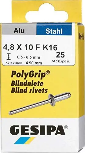 Produktbild: GESIPA Blindniete PolyGrip 25 Stück (Alu/Stahl 4,8x10 K 16, Nietschaft-ø 4,8 mm, Scherkraft 1500 N, Zugkraft 2300 N, Flachrundkopf) 1433852