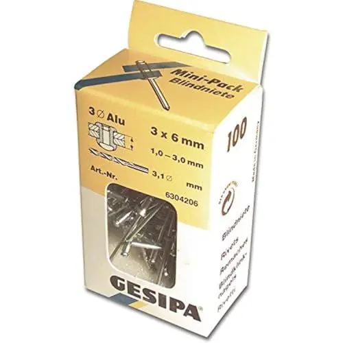 Produktbild: GESIPA Blindniete Mini-Pack 100 Stück (Alu/Stahl 3x8, Nietschaft-ø 3 mm, Scherkraft 700 N, Zugkraft 900 N, Flachrundkopf) 1433531