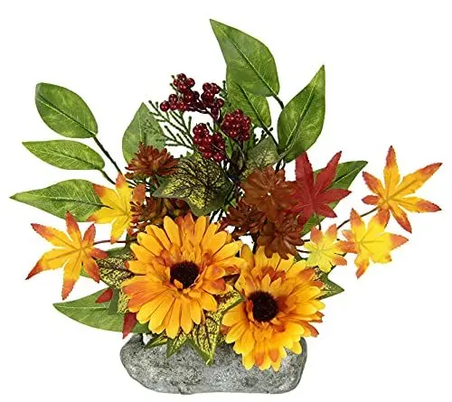 Produktbild: Gesteck aus künstlicher Gerbera auf Stein Kunstblume Herbstlich Blume Herbstdeko Herbstgesteck Tisch Ornamente Halloween Thanksgiving Herbst Dekoration Kunstpflanze Mittelstück Tischdeko Pflanze