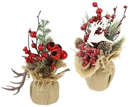 Produktbild: Gesteck mit Tanne Beeren und Elch Geweih im Jute-Topf Kunstblume Künstliche Weihnachtsblume Winterblume Blume Pflanze Zweige Arrangement Weihnachtsdeko Tischdeko Tannengesteck Blumenschmuck 2er Set