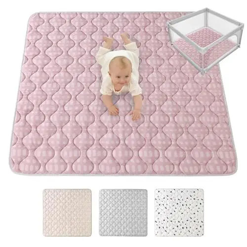 Produktbild: Gesteppte Krabbeldecke Baby 127cm, Hygge rosa – extra Dicke 1,5cm weiche Baby Krabbelmatte – Baby Spielmatte mit Rutschfester Unterseite zum Krabbeln, Laufgitter – maschinenwaschbare Baby Spieldecke