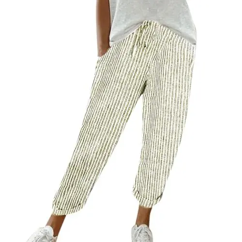 Produktbild: Gestreifte Freizeithose mit elastischer Taille für Damen, lockere Hose aus Baumwolle und Leinen Viskose-Hose Für Damen (Yellow, XL)