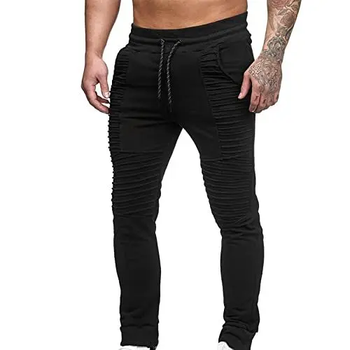 Produktbild: Gestreifte Plissee Jogginghose für Herren schmale Passform Jogginghose mit elastischem Bund Kordelzug Sporthose lässige Hip Hop Hose mit Taschen 2024 Frühlingsmode Outdoor