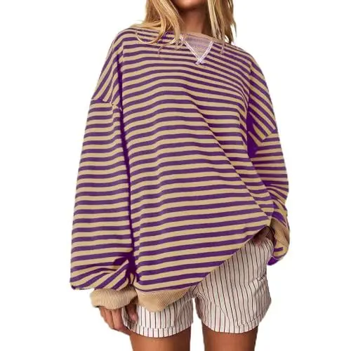 Produktbild: Gestreiftes, übergroßes Sweatshirt für Damen, gestreift, Farbblock, Rundhalsausschnitt, langärmelig, Y2K-Shirt, lässiges Langarmshirt, lockere Pullover-Oberteile