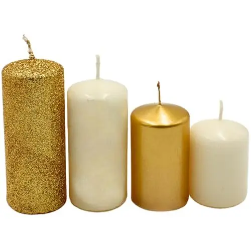 Produktbild: Gestufte Stumpenkerzen, Adventskerzen, Adventskranzkerzen, in Gold und Elfenbein, 4 Größen - H 5-10 cm, Ø je 4 cm, 450 gr