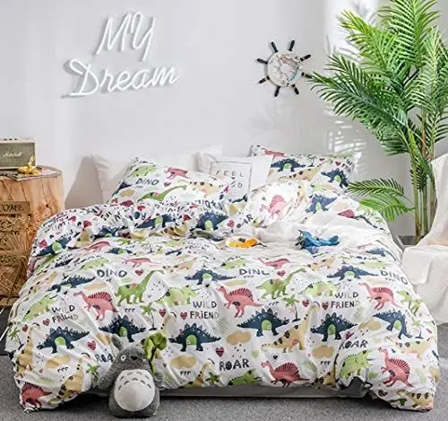 Produktbild: GETIYA <strong>Neueste:</strong>  Kinder Dinosaurier Bettwäsche 100x135 2 Teilig Dino Muster Bettwäsche Weiß Mädchen Jungen Cartoon Bettwäsche Weiche Microfaser Bettwäsche Bunter Dino Zweiseitig Design Bettbezug