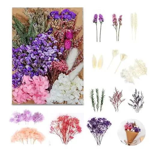 Produktbild: Getrocknete Blumen, Trockenblumen zum Basteln Gepresste Blüten Natürliche Schleierkraut Getrocknet Klein Getrockneten Gemischte Deko für DIY Kunst Scrapbooking (Violett)