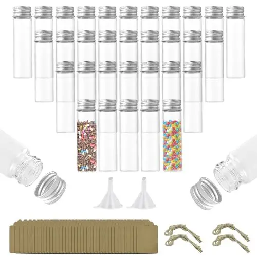 Produktbild: Getyjoe 40 Stück 20ml Kleine Glasflasche Mini Flaschen zum befüllen Reagenzgläser mit Schraubverschluss aus Aluminium Klare Flüssigkeitsprobe Fläschchen für Süßigkeiten Hochzeit Wissenschaft Perlen