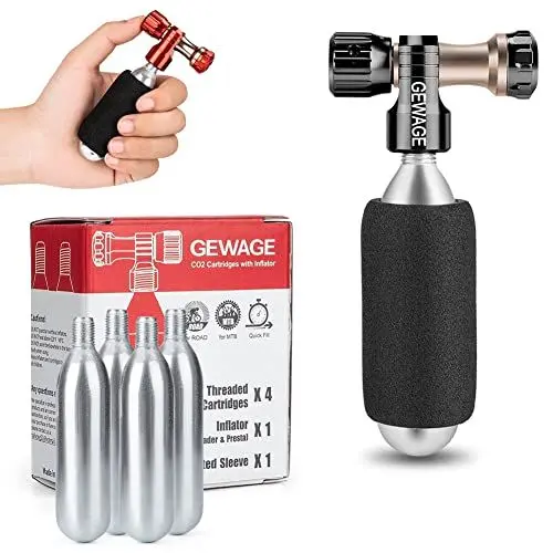 Produktbild: GEWAGE CO2 Luftpumpe für Fahrradreifen - CO2 Fahrradpumpe inkl. 4 Pack CO2 Kapseln 16g mit Gewinde und kompatiblen Presta & Schrader Ventil für Mountainbike und Rennrad. (Schwarz)