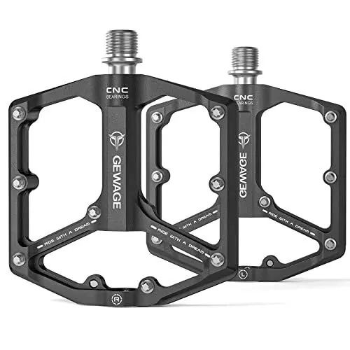 Produktbild: GEWAGE Rennrad-/Mountainbike-Pedale – 3 Lager Fahrradpedale – CNC-gefräste 9/16-Zoll-Flachpedale mit abnehmbaren Anti-Rutsch-Nägeln (Schwarz)