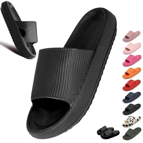 Produktbild: Geweo Badeschuhe Damen Herren Hausschuhe Pantoffeln Badeschlappen Super Weich Rutschfeste Unisex Strand Sandalen Indoor Slippers Dicke Sohle Duschsandale Badezimmer Schwarz 42/43EU