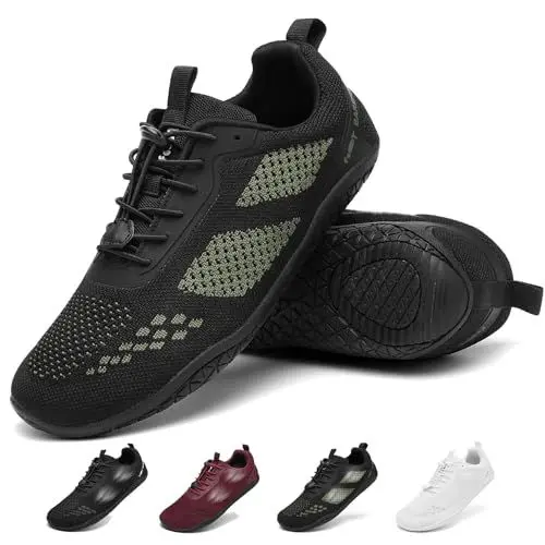 Produktbild: Geweo Barfußschuhe Herren Sommer Bequem Barfuss Schuhe Damen mit Breite Zehenbox Sportschuhe Fitnessstudio für Crossfit Krafttraining Atmungsaktiv Turnschuhe Zero-Drop Sohle Unisex Schwarz Grün 41EU