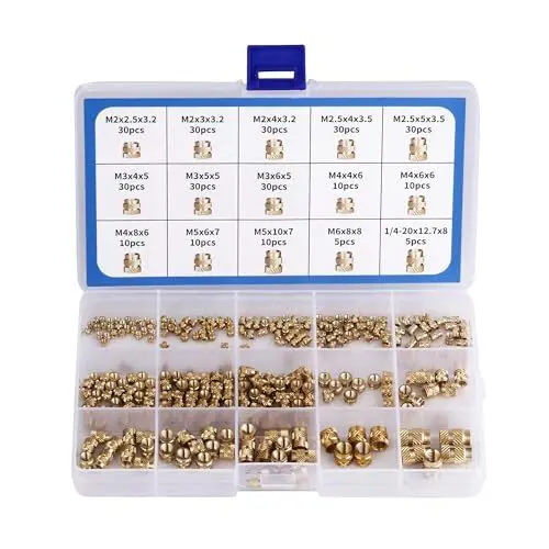 Produktbild: Gewindeeinsatz, Set mit 300 Einpressmuttern, PP Box, mit Etikett. M2 M2,5 M3 M4 M5 M6 Messing Gewindeeinsätze, gerändeltes Einschmelzgewinde, geeignet für Kunststoffteile im Gewindeeinsatz 3D Druck