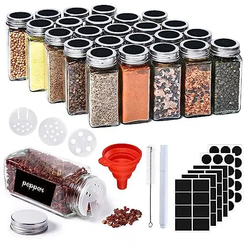 Produktbild: Gewürzgläser Eckig mit Streueinsatz 25er: Glas Gewürzdosen 120ml - Gewürz Organizer - Spice Jars mit Etiketten - Trichter - Reinigungsbürste - Geeignet für Küche, Schublade, Gewürzregal, Camping