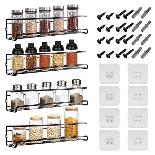Produktbild: GewüRzregal Wand，4 Stück GewüRzregal Ohne Bohren，GewüRzregal HäNgend aus Metall mit 8 bohrfreie Haken und 16 Schrauben，29 x 6,6 x 6.4cm，Geeignet für Gewürzdosen，Speisekammertüren und Küchenschränke