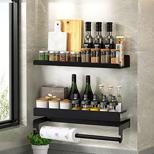 Produktbild: Gewürzregal,Wand Küchenhalterung ohne Bohren,2er Set 40cm Hängend Mit Küchentuchhalter, Küchenregal organizer für Gewürze,304Edelstahl, Schranktür für Bad und Küche,schwarz