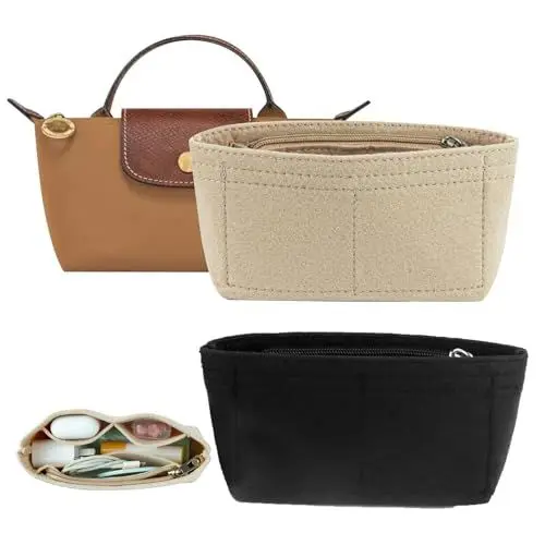 Produktbild: gexuamz 2Pcs Organizer für Mini Handtaschen, Kompatibel mit Longchamp, mit Mehreren Taschen, Schwarz und Beige, 17 x 5 x 8 cm