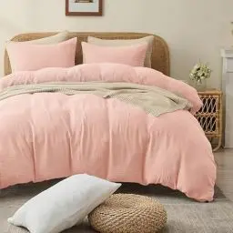 Produktbild: Gezu Muslin Bettwäsche 155x220 cm Rosa 100% Baumwolle Muslin Bettwäsche-Sets Leinen Set Bettbezug mit 2Kissenbezüge 80x80cm Sehr Atmungsaktiv Bequem Sommer Bettwäsche mit Reißverschluss