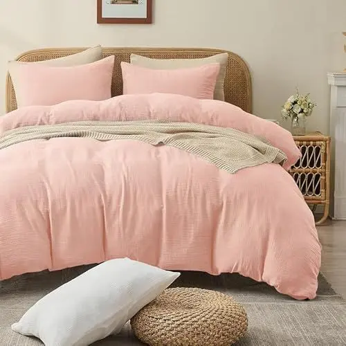 Produktbild: Gezu Muslin Bettwäsche 155x220 cm Rosa 100% Baumwolle Muslin Bettwäsche-Sets Leinen Set Bettbezug mit 2Kissenbezüge 80x80cm Sehr Atmungsaktiv Bequem Sommer Bettwäsche mit Reißverschluss