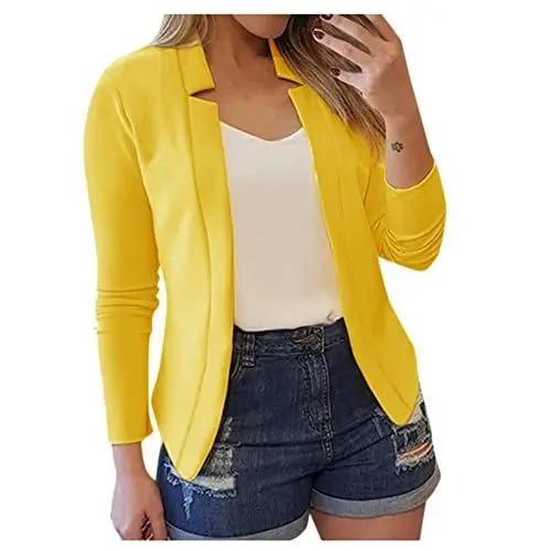 Produktbild: Damen Mantel Winter Fleecejacke Damen Mit Kapuze, solide, langärmelig, vorne offen, gekerbter Kragen, Anzug, Strickjacke, Büro, Damen, Jacke, Mantel Lange Winterjacke Damen Trenchcoat (Yellow, XL)
