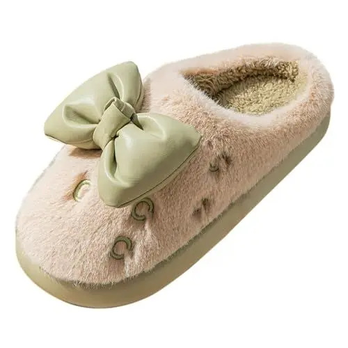 Produktbild: 𝖴ggs Dubes Damenhausschuhe 39 Hausschuhe-Herren Damen Hausschuhe mit Schleife für Frühling und Winter, dicke Sohle, leicht, warm, rutschfest, aus Hausschuhe Katze 𝖴gg Dubes Winter (Khaki, 36)
