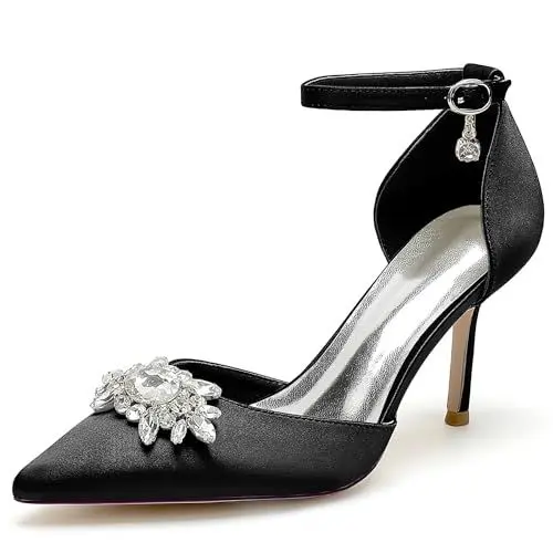 Produktbild: GHSIRUEU Damen Brautschuhe Geschlossene Zehen Knöchelriemen Spangenpumps Hochzeitsschuhe mit Strass,Schwarz,39 EU