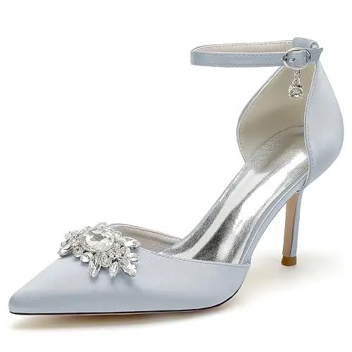 Produktbild: GHSIRUEU Damen Brautschuhe Geschlossene Zehen Knöchelriemen Spangenpumps Hochzeitsschuhe mit Strass,Silber,41 EU