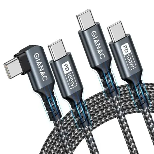 Produktbild: GIANAC 100W USB C auf USB C Kabel (2 Stück 2M) 90 Grad Schnellladekabel USB C PD 5A/100W USB C Ladekabel mit E-Mark Chip für iPhone 15 Pro Macbook Pro iPad Pro,Samsung Galaxy S23 S22 S21 usw