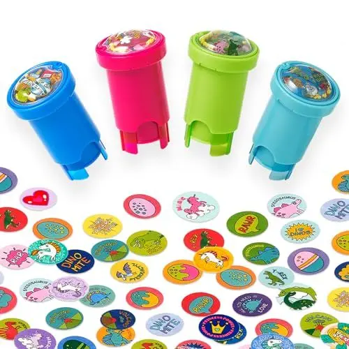 Produktbild: Giant bean Aufkleberstempel, 4er-Pack mit | 640 Stück Sticker Stempel Kinder, Tier Dino Einhorn Themen Cartoon Motivationsstempel, Lehrer Lob Aufkleber für Schulkunst und Bastelspielzeug