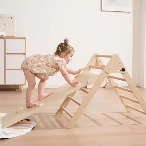 Produktbild: Giant bean 3-in-1 Montessori Kletterdreieck mit Kletterbogen und Rutsche, Holzdreieck für Kleinkinder ab 2-7, Indoor Kletterspielzeug, Hellbraun, M