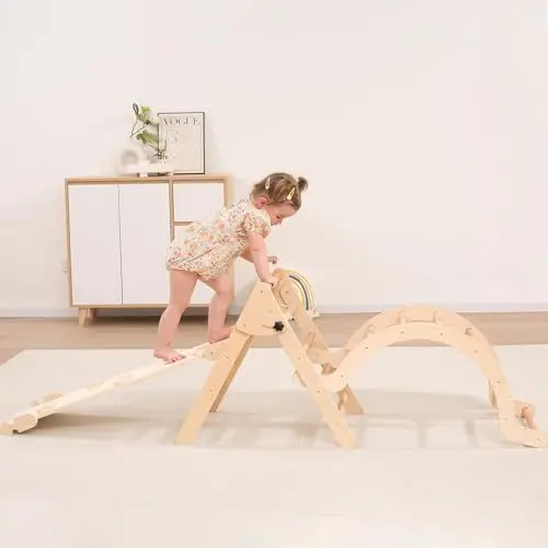 Produktbild: Giant bean 5-in-1 Montessori Kletterdreieck mit Kletterbogen und Rutsche, Holzdreieck für Kleinkinder ab 1-3, Indoor Kletterspielzeug, Hellbraun, S