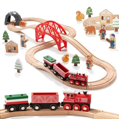 Produktbild: Giant bean Holzeisenbahn Set für Kleinkinder, 36 Pcs Wald Themen Holzeisenbahn Spielzeug, für Kinder, Jungen und Mädchen von 3–7 Jahren
