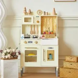 Produktbild: Giant bean KinderKüche Holz, Spielküche für Kinder, Ausgestattet mit Mikrowelle,Waschbecken,Eismaschine,Ofen,Kochgeschirr, Küchenzubehör, Rollenspiel-Essensspielzeug für Jungen und Mädchen ab 3 Jahren