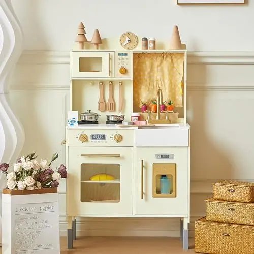 Produktbild: Giant bean KinderKüche Holz, Spielküche für Kinder, Ausgestattet mit Mikrowelle,Waschbecken,Eismaschine,Ofen,Kochgeschirr, Küchenzubehör, Rollenspiel-Essensspielzeug für Jungen und Mädchen ab 3 Jahren