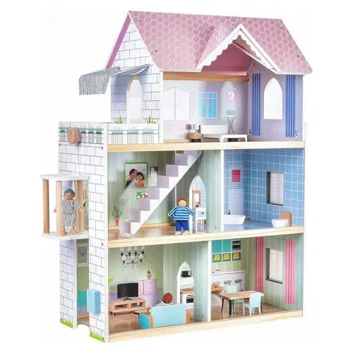 Produktbild: Giant bean Puppenhaus Holz, 80 cm Hoch, mit Aufzug, Türklingel, Licht, 15 Möbelstücken und 3 Puppen, Spielzeuggeschenk für Mädchen im Alter von 3+ Jahre
