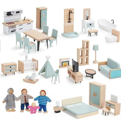 Produktbild: Giant bean Puppenhaus Möbel Holz Set, 36 Teilige Möbel mit 4 Familienpuppen, Puppen Zubehör Spielzeug für Jungen, Mädchen und Kleinkinder 3+ Jahren