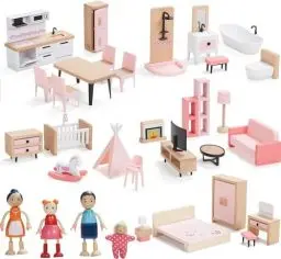 Produktbild: Giant bean Puppenhaus Möbel Set aus Holz, 32 Teilig, Puppenhaus Zubehör, Spielmöbel, Spielzeug für Jungen, Mädchen und Kleinkinder ab 3 Jahren, Rosa