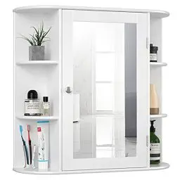 Produktbild: GIANTEX Spiegelschrank Bad, Hängeschrank mit Spiegel, Badezimmerspiegel Schrank 10 Ablagen, Wandschrank mit Tür, Schminkschrank Holz, Badschrank Badezimmerschrank hängend 65 x 17 x 63 cm (weiß)