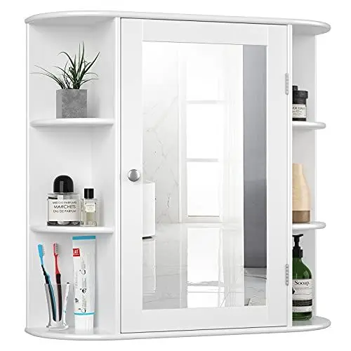 Produktbild: GIANTEX Spiegelschrank Bad, Hängeschrank mit Spiegel, Badezimmerspiegel Schrank 10 Ablagen, Wandschrank mit Tür, Schminkschrank Holz, Badschrank Badezimmerschrank hängend 65 x 17 x 63 cm (weiß)
