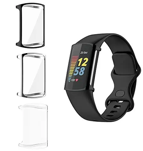 Produktbild: Giaogor Schutzhülle Kompatibel mit Fitbit Charge 5, Flexibles TPU Vollschutz mit Displayschutzfolie Kratzfest Displayschutz Schutz Hülle Für Fitbit Charge 5 Tracker (Schwarz+transparent+Silber)