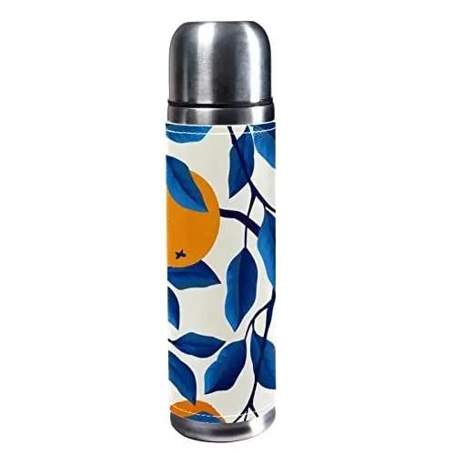 Produktbild: GIAPB 2Pcs Kaffeebecher vakuumisolierter Kaffeebecher 500 ml Reisebecher aus Edelstahl für Tee und Getränke,Blaue Blätter und Orange