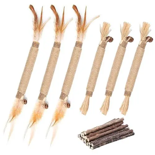 Produktbild: GIAPINST Katzenminze Sticks mit Federn, Natural Silvervine Katzenminze Sticks, 15 Matatabi Katzen Kauhölzer, Katzenspielzeug Selbstbeschäftigung Set, Entfernen von Zahnstein und erfrischendem Atem