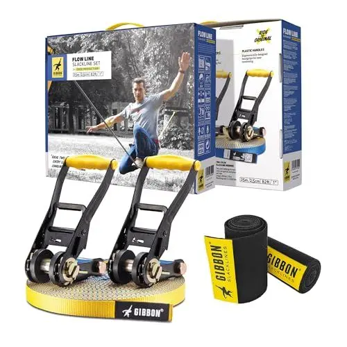 Produktbild: Gibbon Slacklines FlowLine | 1 Zoll / 2,5cm Band | Anfänger & Fortgeschrittene | Doppelratsche & Spacer | Zweifarbiges Gurtband | Inkl. TreeWear | Perfekte Freizeitbeschäftigung
