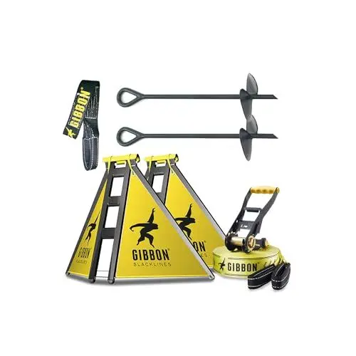 Produktbild: Gibbon Slacklines IndependenceKit Classic für Slacklinen ohne Bäume - Witterungsbeständig, Balance und Spaß mit Trampolin-Effekt, inkl. Slackframes, Bodenschrauben und Anleitungen